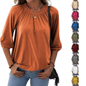 Basic Cotton Crew Neck Blouse - Casual Top