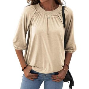 Basic Cotton Crew Neck Blouse - Casual Top