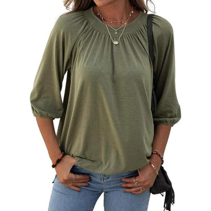 Basic Cotton Crew Neck Blouse - Casual Top